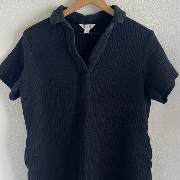 Three Dots Black Gauzy Cotton Dress Collar V Neck 100% Cotton Medium - Picture 4 of 8